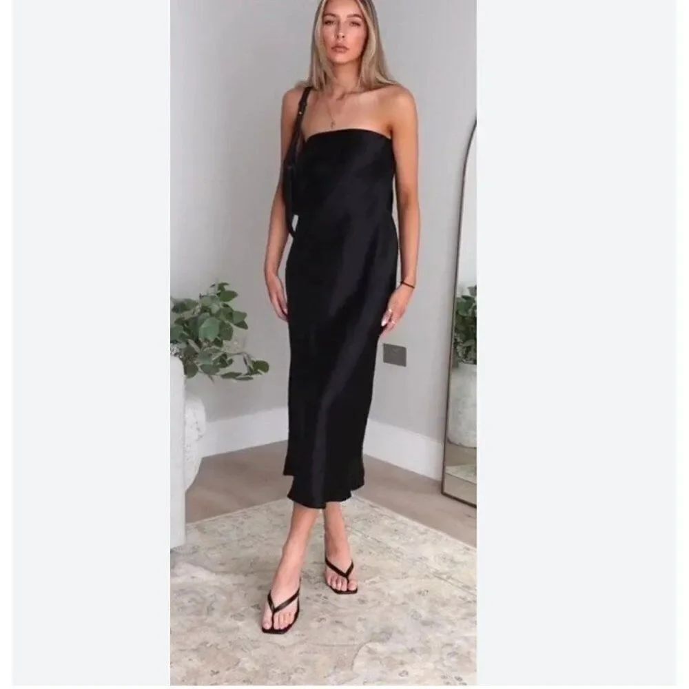 Zara Womens Midi Strapless Dress XS Black Satin Effect Side Zip 2917/331 NWT